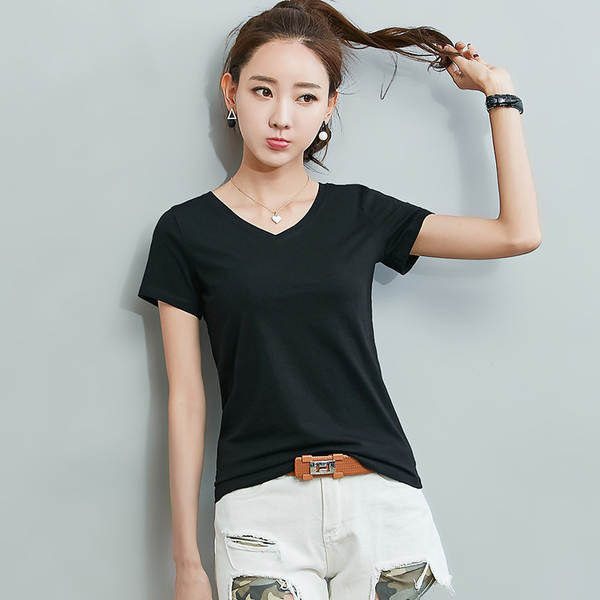 2026 Novas roupas femininas de cor pura Corpo Simples T-Shirt Curtas 1688 Esmalte T-Shirt branco V-Collage T-Shirt