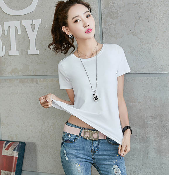 2026 Novas roupas femininas de cor pura Corpo Simples T-Shirt Curtas 1688 Esmalte T-Shirt branco V-Collage T-Shirt