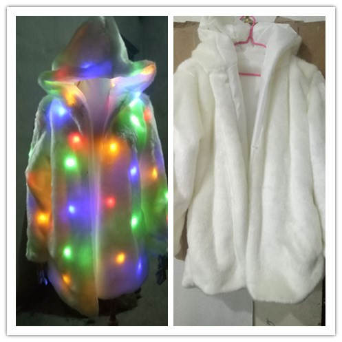 Novo modelo de venda rápida de imitação de couro de coelho casaco de couro de coelho com chapéu de comércio exterior feminino cena de festas colorido LED moda