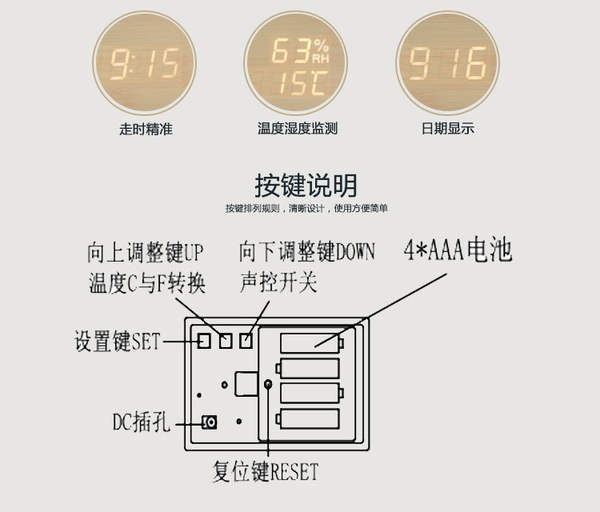 Novo relógio de madeira LED Home Sound Control Relógio inteligente LED Relógio criativo de luz noturna silencioso de temperatura de umidade
