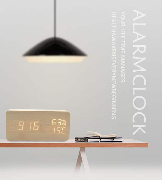 Novo relógio de madeira LED Home Sound Control Relógio inteligente LED Relógio criativo de luz noturna silencioso de temperatura de umidade