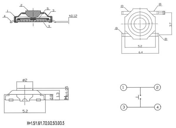 Cabeça de cobre interruptor de toque leve 4 * 4 * 1.5 adesivo interruptor de teclado resistente à água TS-030 5.2x5.2x1.7