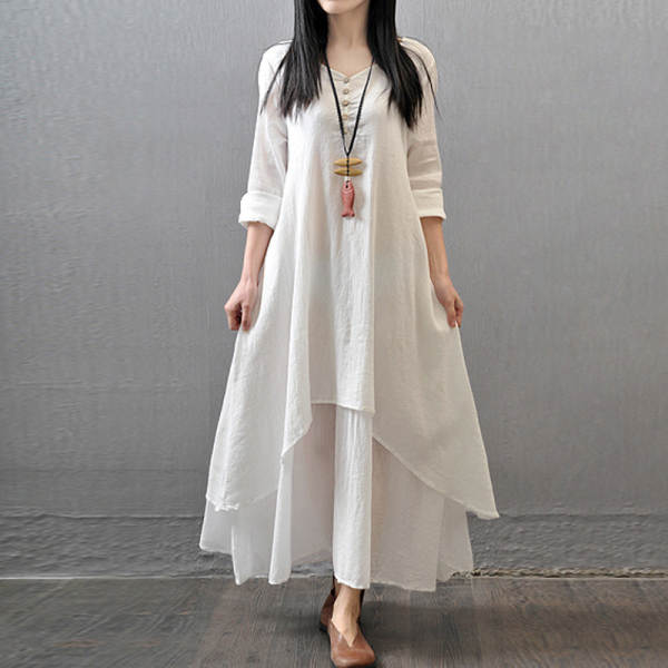 2026 Férias de Primavera e Outono Dois vestidos longos de roupa longa de algodão