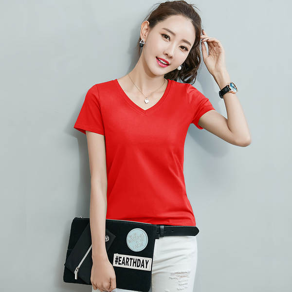 2026 Novas roupas femininas de cor pura Corpo Simples T-Shirt Curtas 1688 Esmalte T-Shirt branco V-Collage T-Shirt