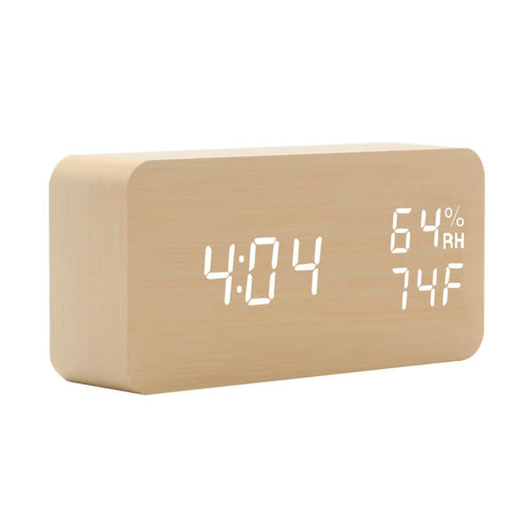 Novo relógio de madeira LED Home Sound Control Relógio inteligente LED Relógio criativo de luz noturna silencioso de temperatura de umidade