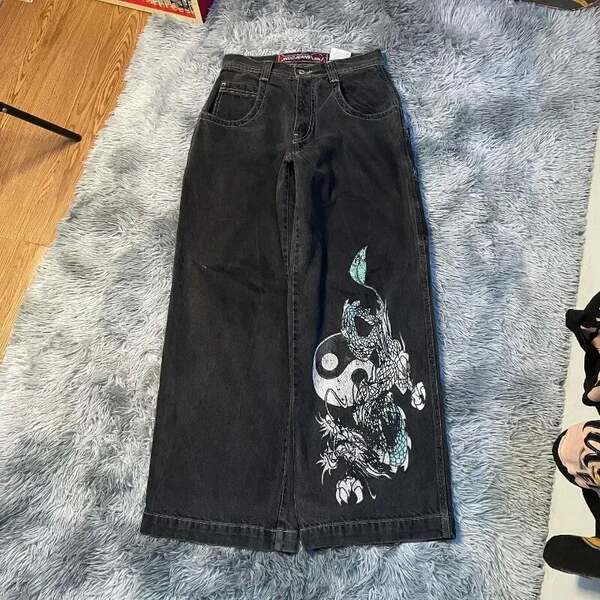 JNCO Y2K Loose jeans masculino padrão hip-hop rua masculino calças largas