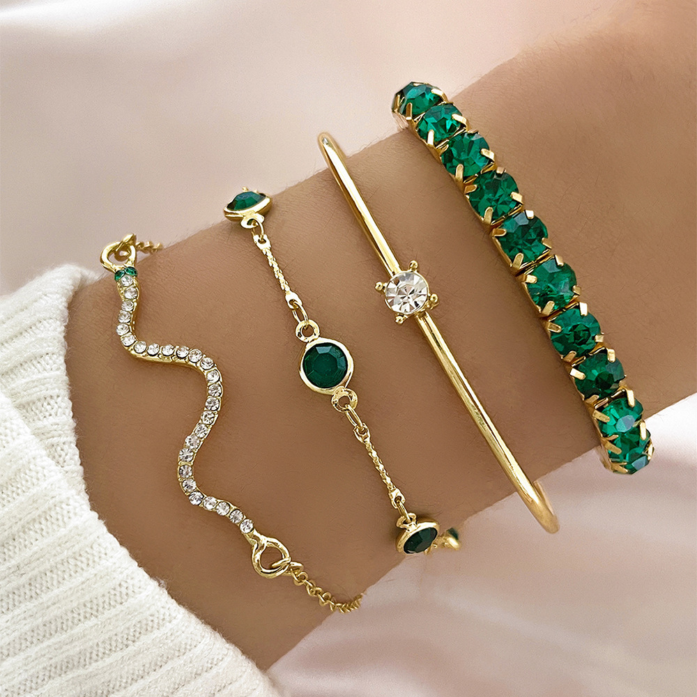 Transfronteiriço europeu-americano de moda verde avó diamante luxuoso luxuoso luxuoso luxuoso luxuoso 4 peças de alta sensibilidade serpente luxuoso metal luxuoso