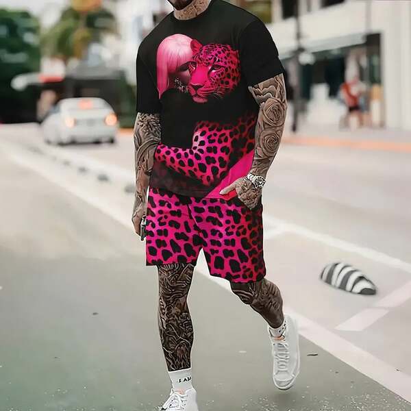 Homens Verão Novo Modelo Europeu-Americano Graduado 2 Peças Com 3D Impressão Digital Esporte Recreação Roda Redonda T-Shirt
