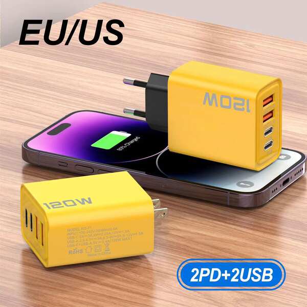 120W Dual PD + Dual USB Carregador para Apple 15 Huawei celular Dual-Typec Smart Carregador Rápido