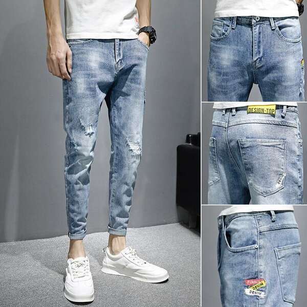 2025 Novo jeans masculino verão coreano coroado Pequenas pernas Longas calças masculinas elegantes calças de descanso flexíveis