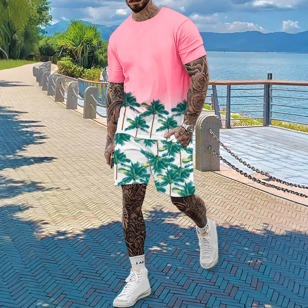 Homens Verão Novo Modelo Europeu-Americano Graduado 2 Peças Com 3D Impressão Digital Esporte Recreação Roda Redonda T-Shirt