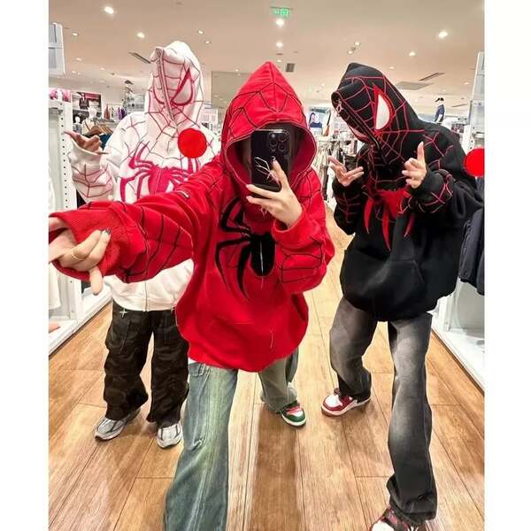 2024 Transfronteiriço Europa e América Peso pesado camisa de algodão masculino e feminino casal Homem-Aranha Vestido de guarda-roupa de tamanho superior casaco