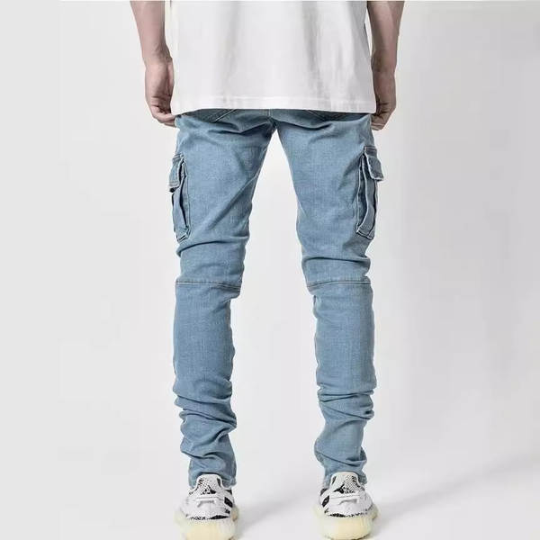 2021 Euro-americano transfronteiriço novo jeans masculino bolso lateral de pernas estreitas jeans NK388