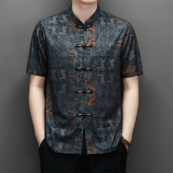 2026 verão velho homem chinês pai vestido de chinês velho de mãos curtas homem vestido de estilo nacional camisa masculina