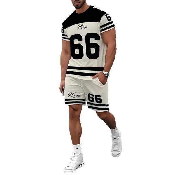 Homens Verão Novo Modelo Europeu-Americano Graduado 2 Peças Com 3D Impressão Digital Esporte Recreação Roda Redonda T-Shirt