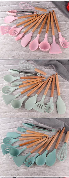 Conjunto de 12 Utensílios de Silício com Cabos de Madeira