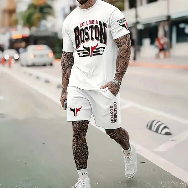 Homens Verão Novo Modelo Europeu-Americano Graduado 2 Peças Com 3D Impressão Digital Esporte Recreação Roda Redonda T-Shirt