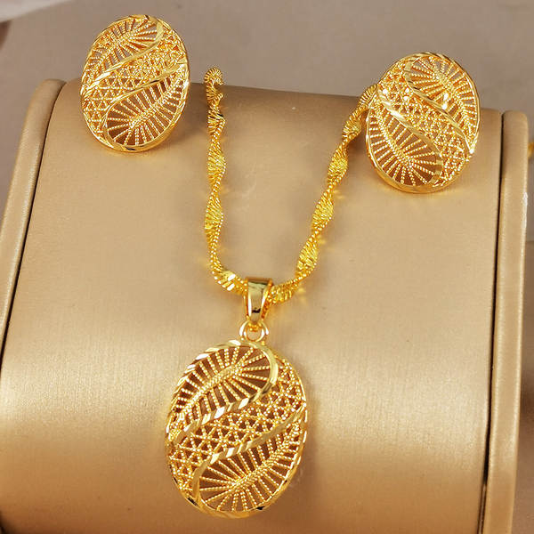2 peças de estilo do Oriente Médio encantador geométrico 24K revestimento de ouro Dubai colar menina orelhas joias festa presente