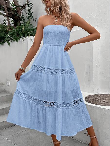 Vestido longo de renda com babados