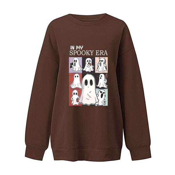 T-shirt feminino de Halloween bonito fantasma padrão de mangas compridas T-shirt de outono horrível