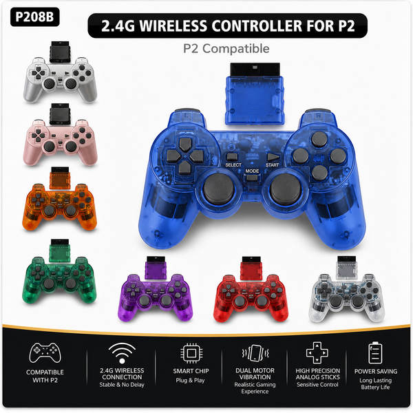 Jogo sem fio PS2 bracelete duplo vibração 2.4G bracelete sem fio com suporte para PS2 host transparente cor