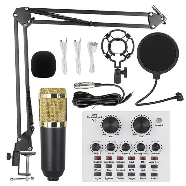 Transfronteiriço V8 Inglês de transmissão ao vivo da placa de som bm800 microfone bater de braço do telefone celular kit de cartão de voz podcast completo