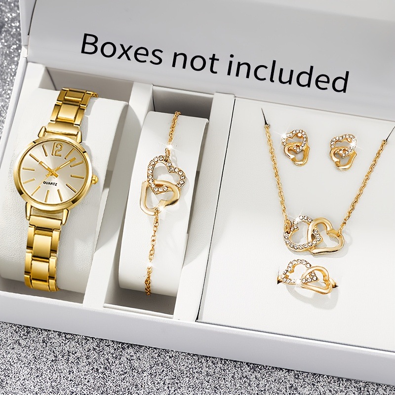 6 conjuntos de relógios femininos elegantes e elegantes + colares em forma de coração, anéis, orelhas e pulseiras