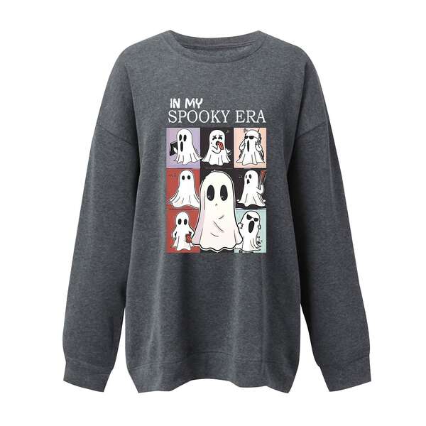T-shirt feminino de Halloween bonito fantasma padrão de mangas compridas T-shirt de outono horrível