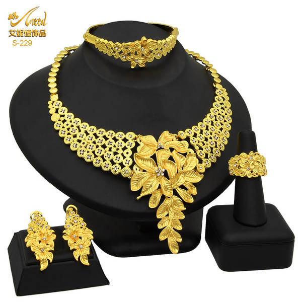 Jóias de Dubai 24k de ouro da noiva coleção de jóias colar colares orelhas do Oriente Médio Dubai ouro de casamento jóias quatro conjuntos