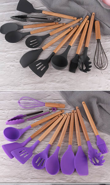 Conjunto de 12 Utensílios de Silício com Cabos de Madeira