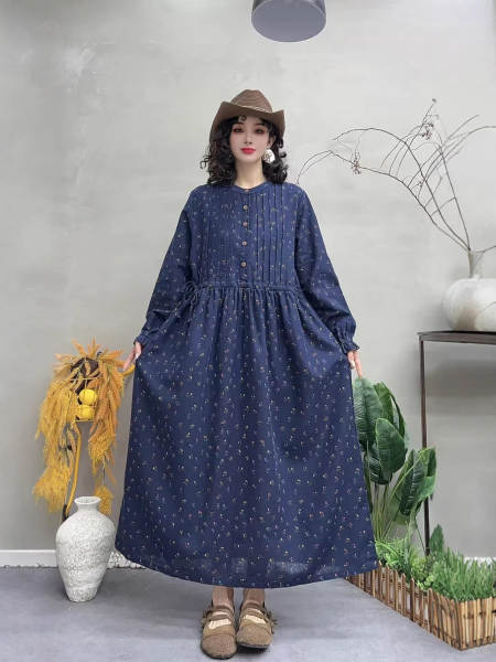Vestido de manga longa em algodão e linho