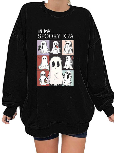 T-shirt feminino de Halloween bonito fantasma padrão de mangas compridas T-shirt de outono horrível