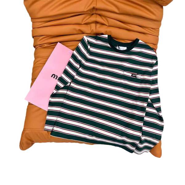 2024 Início Outono Novo Southern Oil Miu Recreação Simples Retrospectiva Barras Colisão Cor Logotipo Bolso Embrulhado Longas Mãos T-Shirt Mulher