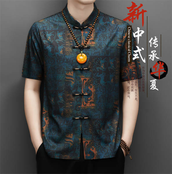 2026 verão velho homem chinês pai vestido de chinês velho de mãos curtas homem vestido de estilo nacional camisa masculina