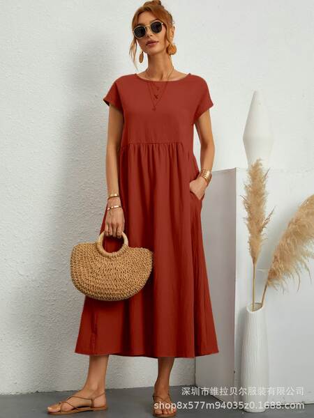 Vestido curto de manga com bolsos