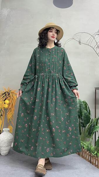 Vestido de manga longa em algodão e linho