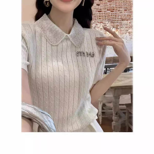 Listen doce oferta primavera miu casaco de boneca branco de mangas curtas de trabalho pesado T-shirt de borracha de verão