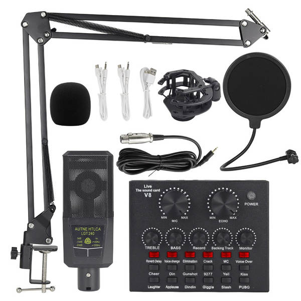 Transfronteiriço V8 Inglês de transmissão ao vivo da placa de som bm800 microfone bater de braço do telefone celular kit de cartão de voz podcast completo