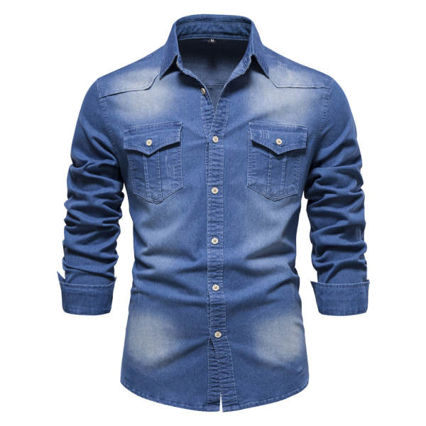 2024 Comércio Exterior Transfronteiriço Homem União Européia Cowboy T-Shirt Homem Modelo Recreativo Puro Homem Denim T-Shirt Com Mãos Longas