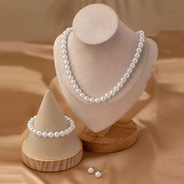 Transfronteiriço de venda quente de 8mm de colar de pérola de colar de corda de três peças de moda senhora de jóias de pérola suíte de atacado