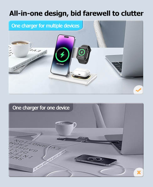 Carregador sem fio transfronteiriço de três em um Carregador sem fio duplo para carregamento rápido para Apple/Samsung