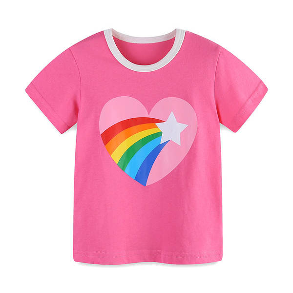 26 verão novo T-shirt menina amor arco-íris impressão crianças roupa esportiva de algodão bebê corda curta luva roupa