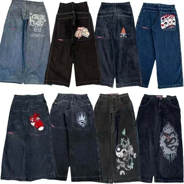 Transfronteiras JNCO Y2K Loose jeans masculino padrão hip-hop rua home homem calças largas