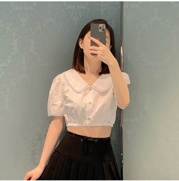 Miu Mu branco curta-metragem boneca colar colarinho doce camisa doce colar doce do verão 2024