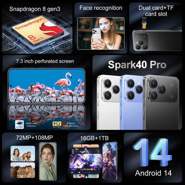Novo Spark 40 Pro perforado 7.3 grande ecrã Android 14 comércio exterior explosivos em dinheiro 5G smartphone transfronteiriço