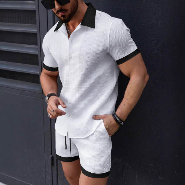 Transfronteiras 2025 Verão Novo Euro-Americano Homens Praia de lazer T-Shirt de pulseira curta + Suíte de calças