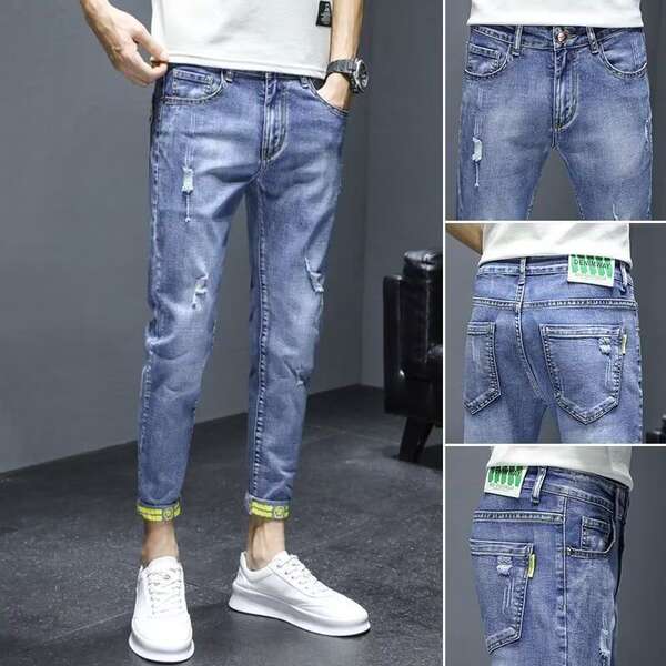 2025 Novo jeans masculino verão coreano coroado Pequenas pernas Longas calças masculinas elegantes calças de descanso flexíveis