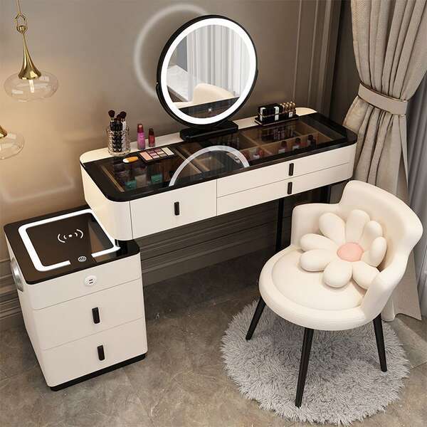 Piso de maquiagem inteligente com carregamento sem fio de luxo da mesa de maquiagem de quarto nórdica moderna simples e multifuncional de madeira
