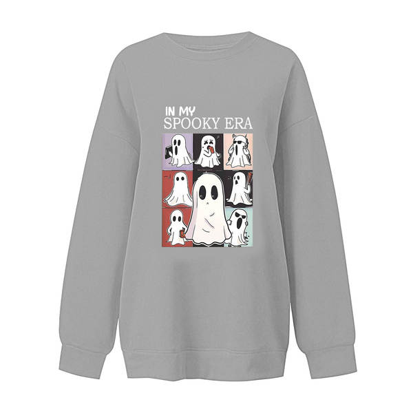 T-shirt feminino de Halloween bonito fantasma padrão de mangas compridas T-shirt de outono horrível