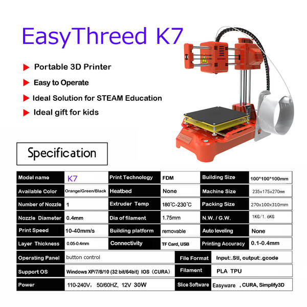 Impressora 3D portátil para estudantes brasileiros e americanos K7